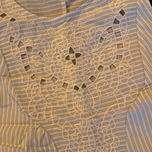 Green and white striped sleeveless women’s top with embroidered design bib - Picture 2 of 4